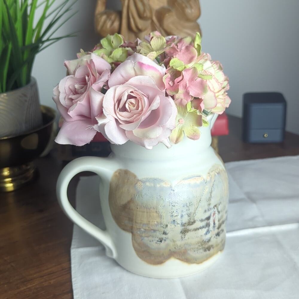 Stocky Handmade Artist Signed Pitcher Flowers Milk Shelf Styling